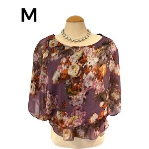 CYNTHIA ROWLEY Floral Blouse Size Med Flowy Big Sleeves Ruffle Hem Lined